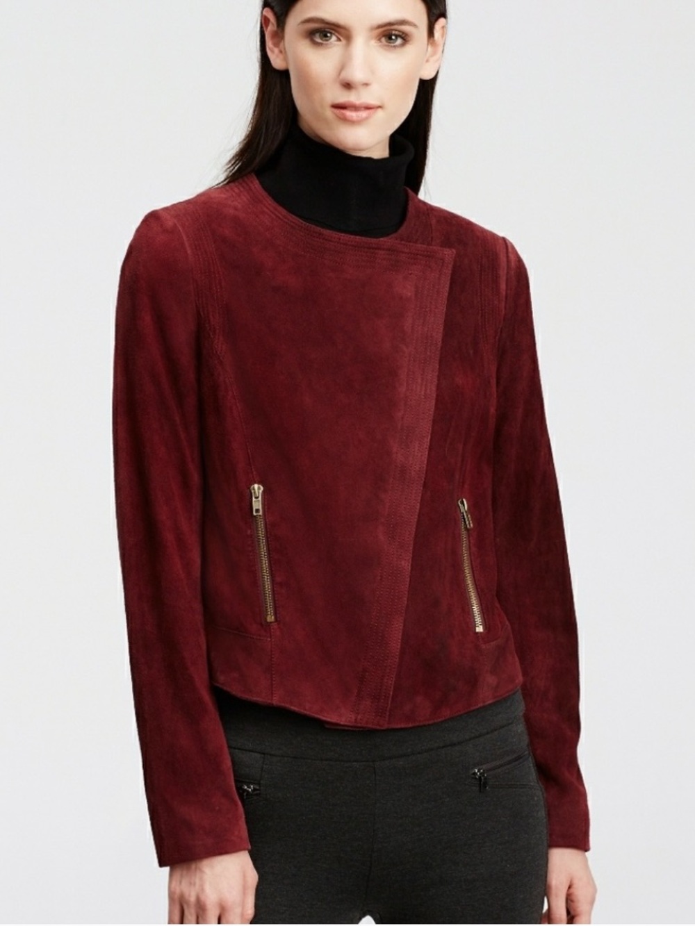 Ann Taylor | Women's Burgandy Suede Zip-Front Crewneck Zip Pockets Jacket Sz SP